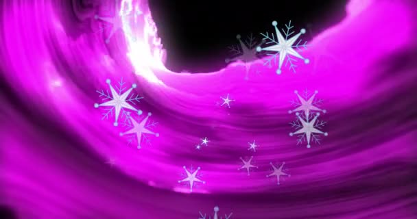 Анимация Множества Звезд Плывущих Пурпурным Цифровым Волнам Черном Фоне Технологическая — стоковое видео