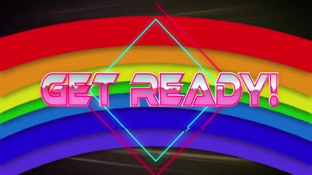 Animering Redo Text Banner Över Regnbåge Ikonen Mot Neon Tunnel — Stockvideo