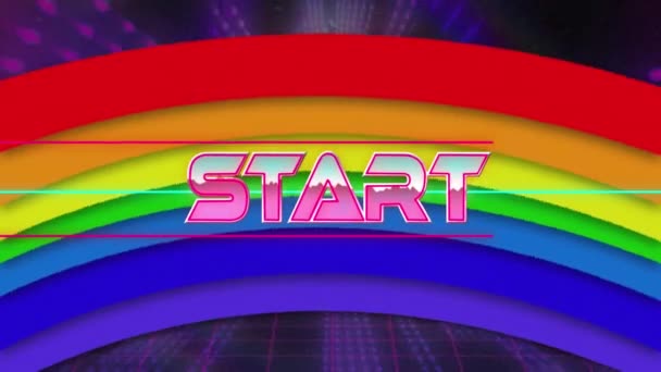Animation Start Text Banner Rainbow Icon Neon Tunnel Seamless Pattern — Stock Video