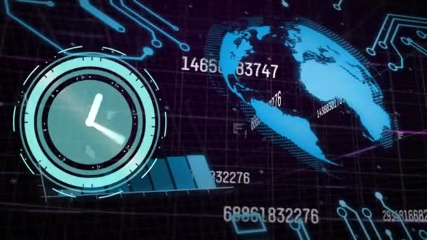 Animacja Zegara Cyfrowego Liczby Wykresu Globu Wzorca Obwodu Czarnym Tle — Wideo stockowe