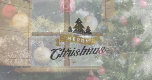 圣诞祝福的动画在圣诞树和装饰品之上 圣诞节 庆祝和传统概念数字制作的录像 — 图库视频影像