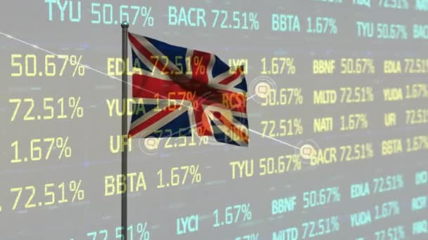 针对挥舞着英国国旗的形象图标和股票市场数据处理网络的动画化 国民经济和商业技术概念 — 图库视频影像