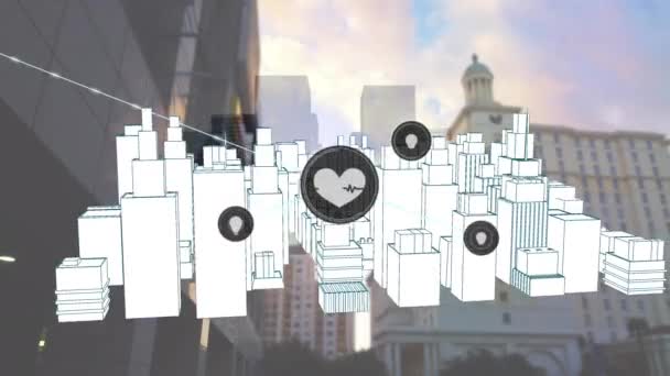 Animering Nätverk Digitala Ikoner Över Snurra Stadsmodell Mot Höga Byggnader — Stockvideo