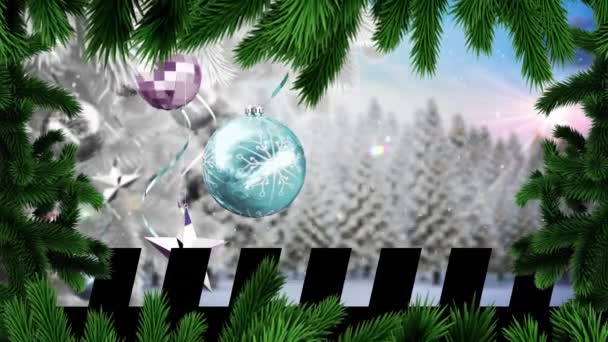 Animatie Van Kerstboom Peperkoek Man Sneeuw Vallen Winter Landschap Kerst — Stockvideo
