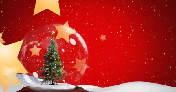 Animace Padajících Zlatých Hvězd Vánoční Osetí Míč Přes Červené Pozadí — Stock video