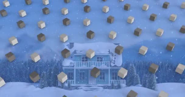 Animación Filas Cubos Patrón Nieve Navidad Cayendo Sobre Paisaje Invierno — Vídeos de Stock