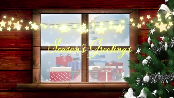 Toto Video Digitální Animace Vánočního Stromku Dárků Sněhu Padajícího Okna — Stock video