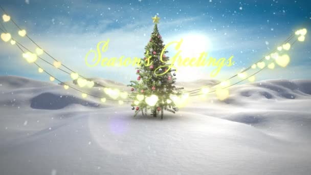 クリスマスツリーと冬の風景の上に妖精の光と季節の挨拶テキストのアニメーション クリスマス お祝いのコンセプトデジタル生成ビデオ — ストック動画