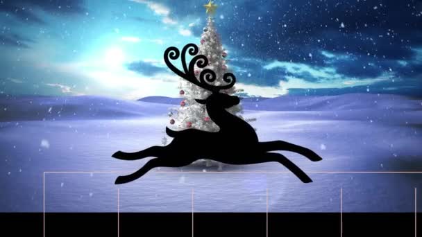 冬の風景の中でクリスマスツリーとトナカイのアニメーション クリスマス お祭り お祝い 伝統的なコンセプトデジタル生成ビデオ — ストック動画