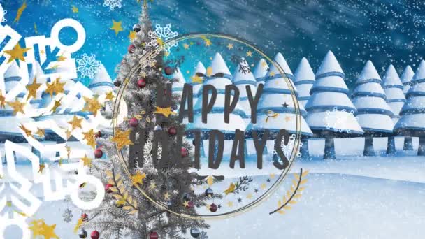 Animación Saludos Navideños Texto Árbol Navidad Estrellas Nieve Cayendo Sobre — Vídeo de stock