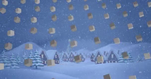 Animation Rows Cubes Pattern Christmas Snow Falling Winter Scenery Christmas — Stock Video