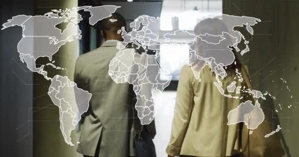 Анимация Карты Мира Обработки Данных Офисе Деловых Людей Глобальный Бизнес — стоковое видео