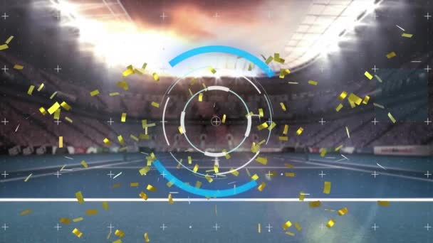 Animacja Złotego Konfetti Spadającego Okrągły Skaner Przeciwko Stadionowi Sportowemu Interfejs — Wideo stockowe