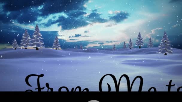 雪に覆われた2つの家や妖精の光と冬のシーンのデジタルアニメーション 黒い背景を背景にシーンが設定されています — ストック動画
