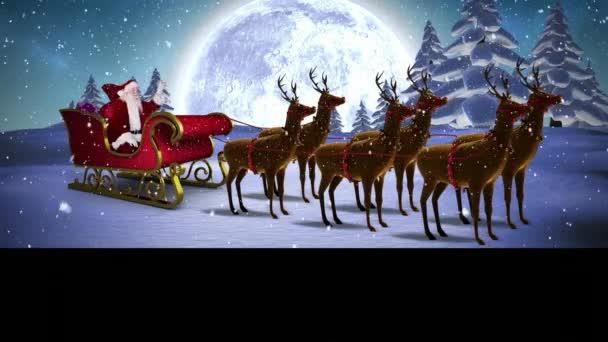 Animatie Van Kerstbomen Met Kerstman Slee Met Rendieren Winterlandschap Kerst — Stockvideo