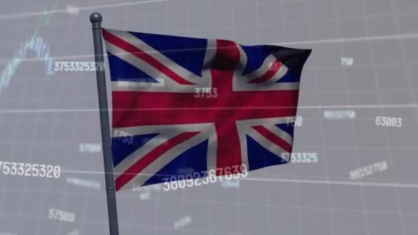 Animação Processamento Dados Sobre Bandeira Reino Unido Negócio Global Finanças — Vídeo de Stock