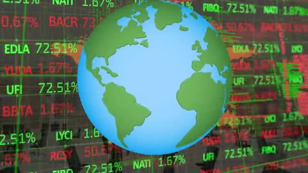 Animace Zeměkoule Akciovém Trhu Zpracování Dat Prázdnou Kanceláří Global Business — Stock video