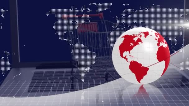 Анімація Глобусу Карта Світу Над Кошиком Концепція Глобальних Фінансів Покупок — стокове відео