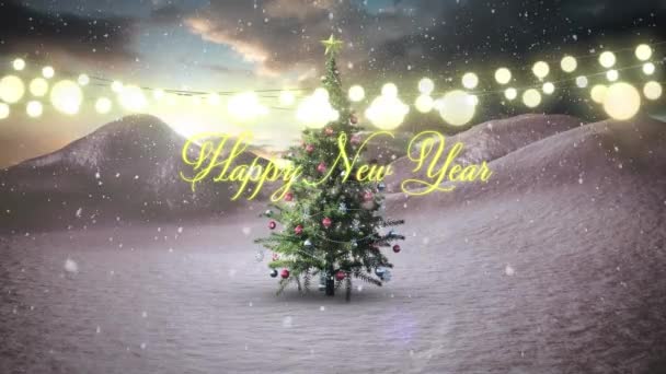 Animatie Van Vrolijke Nieuwjaarstekst Met Feeënlichtjes Kerstboom Winterlandschap Kerst Traditie — Stockvideo
