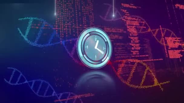 Dna 시그널 시계의 애니메이션 보라색 배경에 데이터 컴퓨터 인터페이스 — 비디오