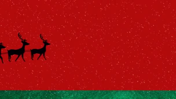 Animacja Świątecznych Pozdrowień Tekst Święty Mikołaj Saniach Reniferami Czerwonym Tle — Wideo stockowe