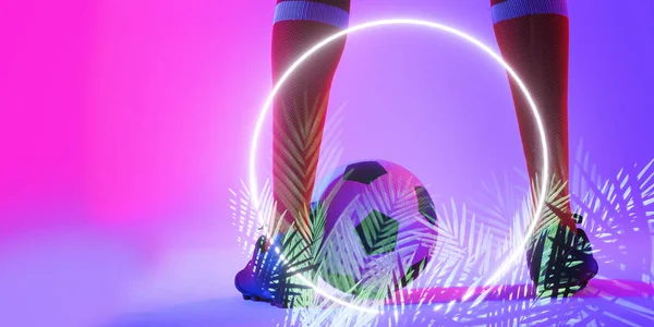 照明植物やサークル コピースペースでボールと白人男性プレーヤーの低セクション 複合体 スポーツ サッカー ネオン イラスト 自然と抽象的な概念 — ストック写真