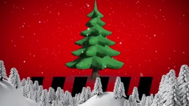 Kış manzarasına düşen yılbaşı ağaçları ve karların animasyonu. Noel, şenlik, kutlama ve gelenek konsepti dijital olarak oluşturuldu.