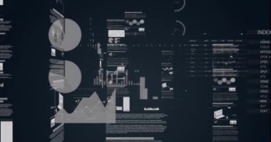 Animation of financial data processing on black background. Global finances, computing and digital interface concept digitally generated video.