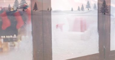 Yılbaşı süslemelerinde kış manzarası canlandırması. Noel, gelenek ve kutlama konsepti dijital üretilmiş video.