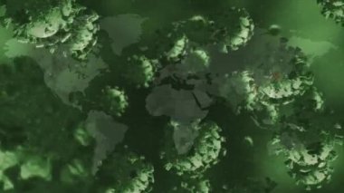 Virüs hücrelerinin dünya haritasında canlandırılması. Dijital olarak oluşturulmuş küresel salgın ve dijital arayüz kavramı.