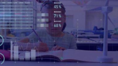 Animation of data processing over diverse schoolchildren in classroom. Global education and digital interface concept digitally generated video.