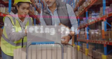 Çeşitli kadın ve erkek depo çalışanlarının finansal verilerinin animasyonu. Dijital olarak üretilen iş, ticaret, dağıtım ve finans konsepti.