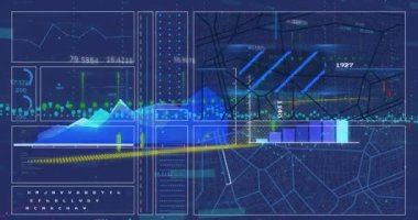 Mavi arka plan ile finansal ve istatistiksel veri işleme arayüzünün animasyonu. Küresel finans ve iş veri teknolojisi kavramı