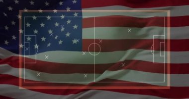 Amerikan bayrağı üzerinde oyun planının animasyonu. Küresel vatanseverlik, kutlama, spor ve dijital arayüz kavramı dijital olarak oluşturulmuş video.