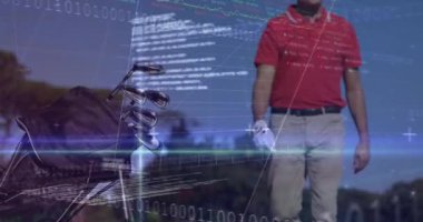 Kafkasyalı erkek golfçü üzerinden veri işleme animasyonu. Küresel spor ve dijital arayüz kavramı dijital olarak oluşturulmuş video.