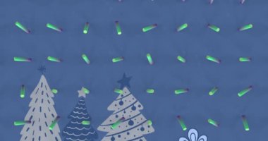 Noel ağacı ve hediye ikonlarına karşı kusursuz desenli soyut mavi şekillerin animasyonu. Noel şenliği ve kutlama konsepti