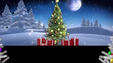 Noel ağaçlarının animasyonu, Noel Baba 'nın kış manzarası boyunca ren geyikleriyle kızakta sunulması. Noel, şenlik, kutlama ve gelenek konsepti dijital olarak oluşturuldu.