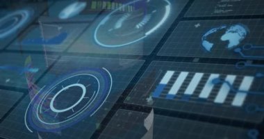 Veri işleme ve güvenlik kilidi simgesi ile mavi arkaplan arasındaki arayüzün canlandırılması. Siber güvenlik ve iş teknolojisi kavramı