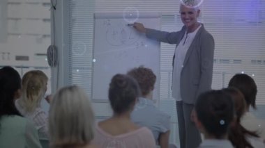 Animation of financial data processing over business people in office. Global business connections data processing and technology concept digitally generated video.