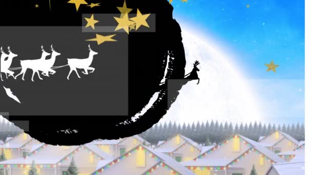 Animacja Bożego Narodzenia Święty Mikołaj Saniach Reniferami Padającym Śniegiem Boże — Wideo stockowe