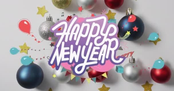 Animación Feliz Año Nuevo Saludos Texto Sobre Globos Decoraciones Navideñas — Vídeo de stock