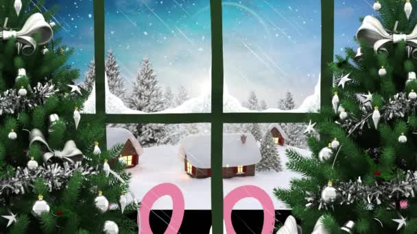圣诞节 冬季风景和降雪的动画从窗户看出去 圣诞节 庆祝和传统概念数字制作的录像 — 图库视频影像