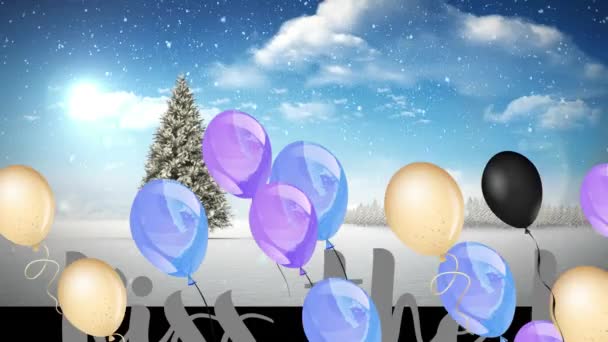 Animatie Van Kerstboom Ballonnen Boven Het Winterlandschap Kerst Festiviteit Feest — Stockvideo