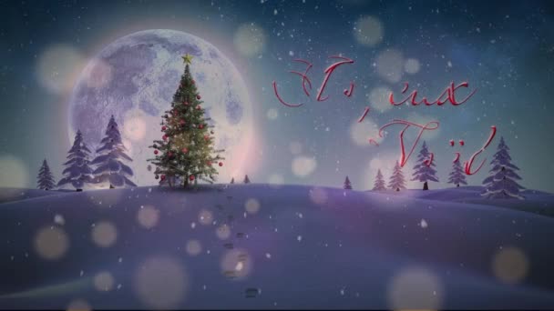 Animacja Śniegu Spada Joyeux Noel Sztandar Tekstowy Przed Choinką Zimowym — Wideo stockowe