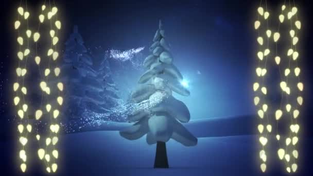 Animação Luzes Fadas Sobre Árvore Natal Paisagem Inverno Natal Tradição — Vídeo de Stock