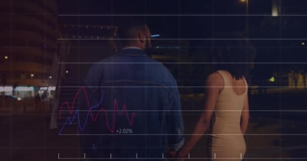 Animação Processamento Dados Financeiros Sobre Casal Afro Americano Andando Rua — Vídeo de Stock