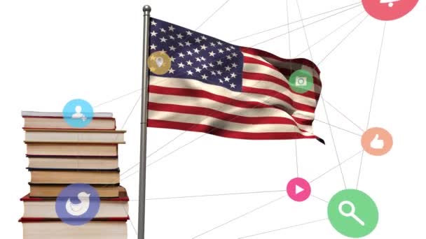 Abd Bayrağı Kitaplarının Üzerindeki Simgelerle Bağlantı Ağının Animasyonu Vatanseverlik Siyaset — Stok video