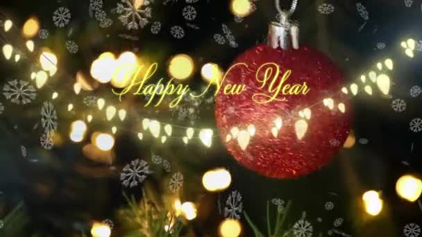 Animation Snowflakes Falling Happy New Year Text Fairy Lights Hanging — Stock Video