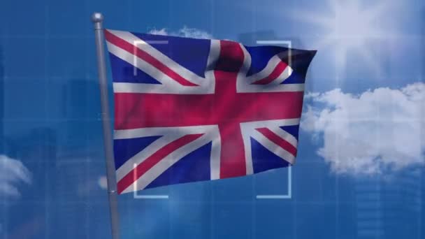Animasi Pemindaian Lingkup Atas Melambaikan Bendera Terhadap Awan Langit Biru — Stok Video