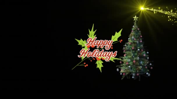 黒を背景に光スポットやクリスマスツリー上の幸せな休日のテキストのアニメーション クリスマスの伝統とお祝いのコンセプトデジタル生成ビデオ — ストック動画